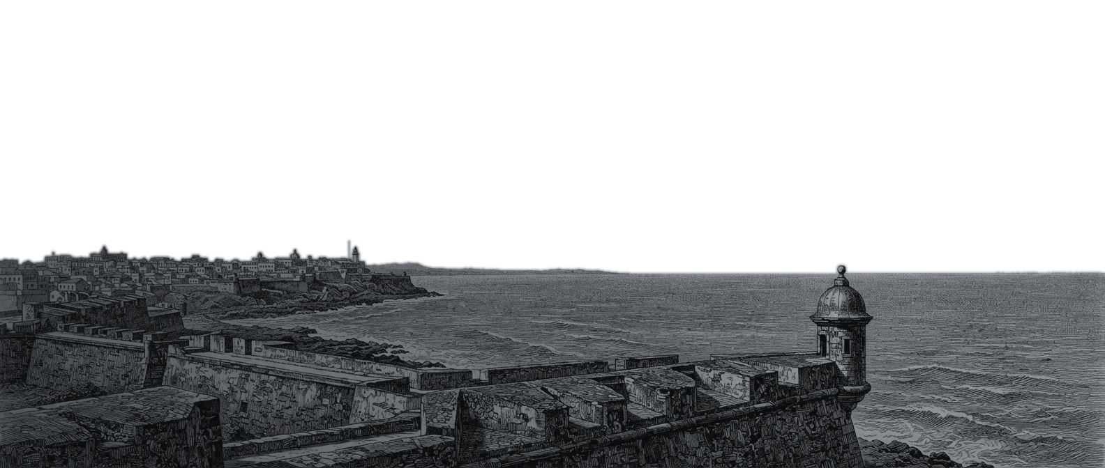 Engraving of El Morro in San Juan, Puerto Rico: a stone sentry box on the fortress wall above the sea