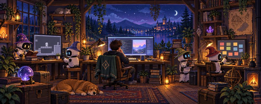 Pixel-art night workshop: a developer at a lit desk with code and a landscape on screen, surrounded by small robots in wizard hats reading books and tending boards, a sleeping dog on the rug, forest and castle through the window