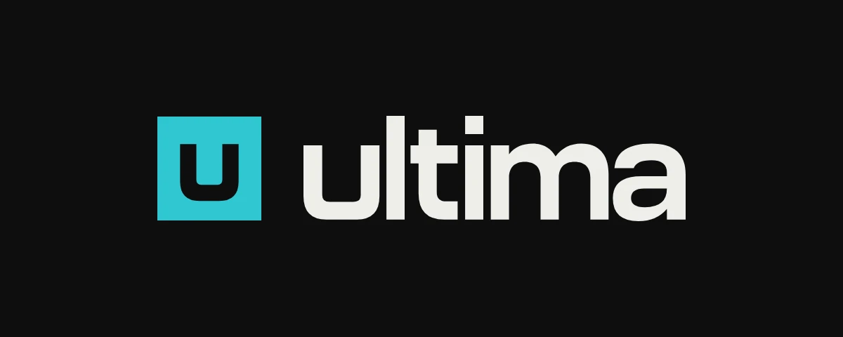 The Ultima wordmark beside its cyan app icon on a dark background.