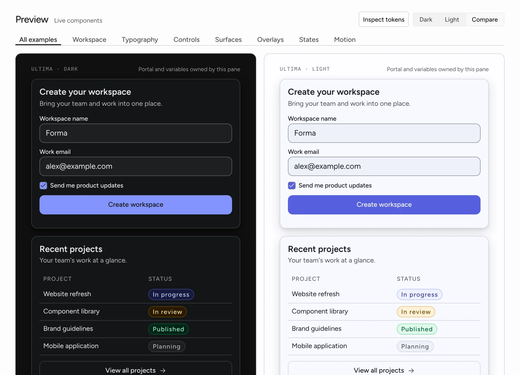Theme Studio’s Compare view, showing the same workspace form and project list in the dark and light versions of one theme.